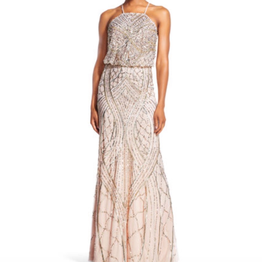 Adrianna Papell Beaded Blouson Halter Gown